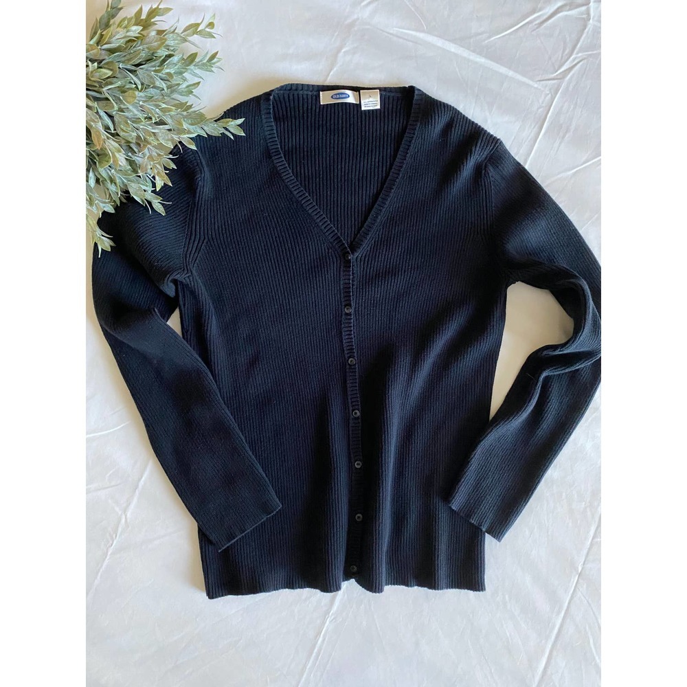 Old Navy Cardigan Sweater Black Large Ribbed V-Neck Buttoned Front
